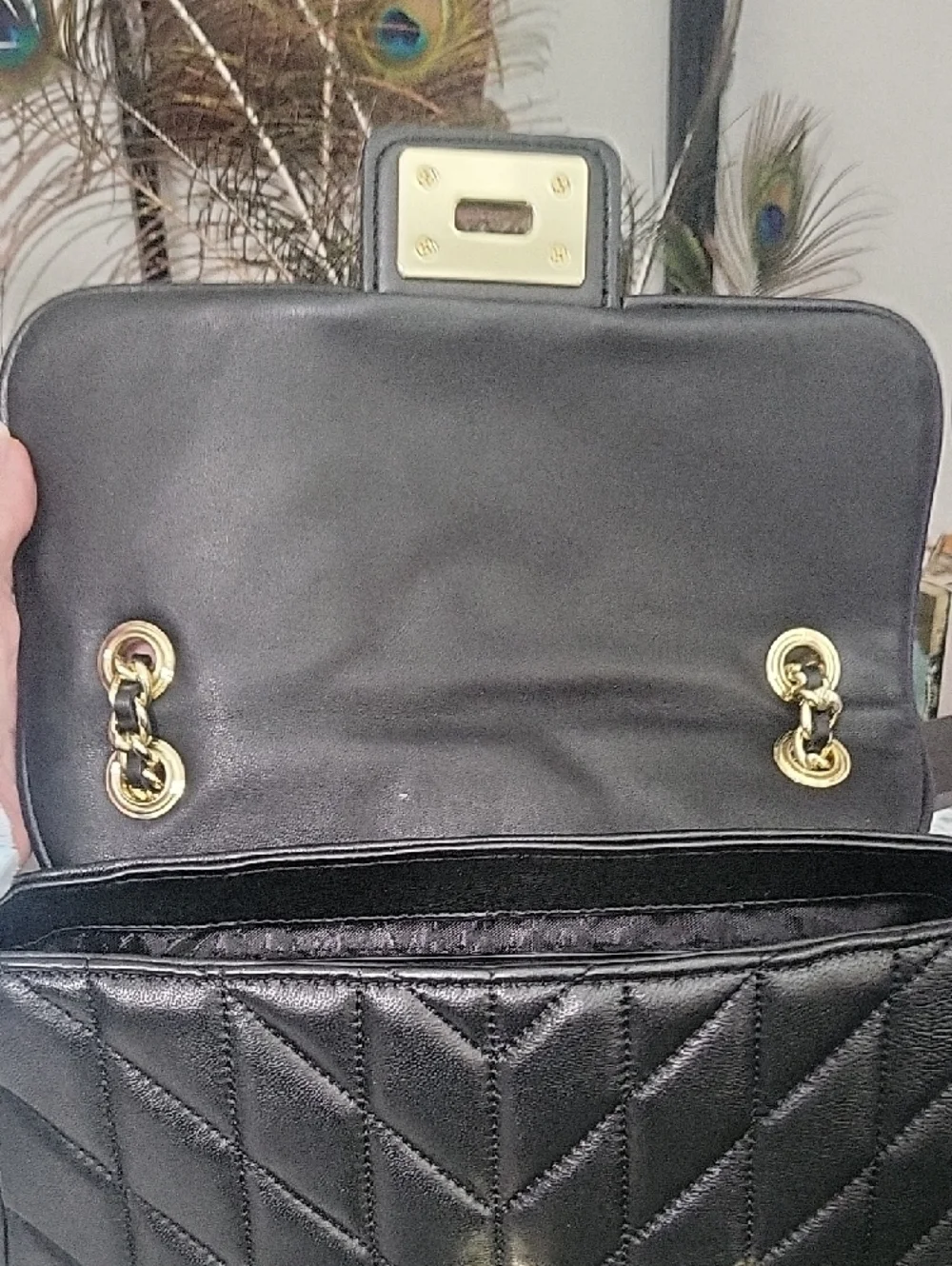 Karl Lagerfeld Black Quilted Shoulder Bag with Gold Chain and Crystal Accents - Picture 10 of 14